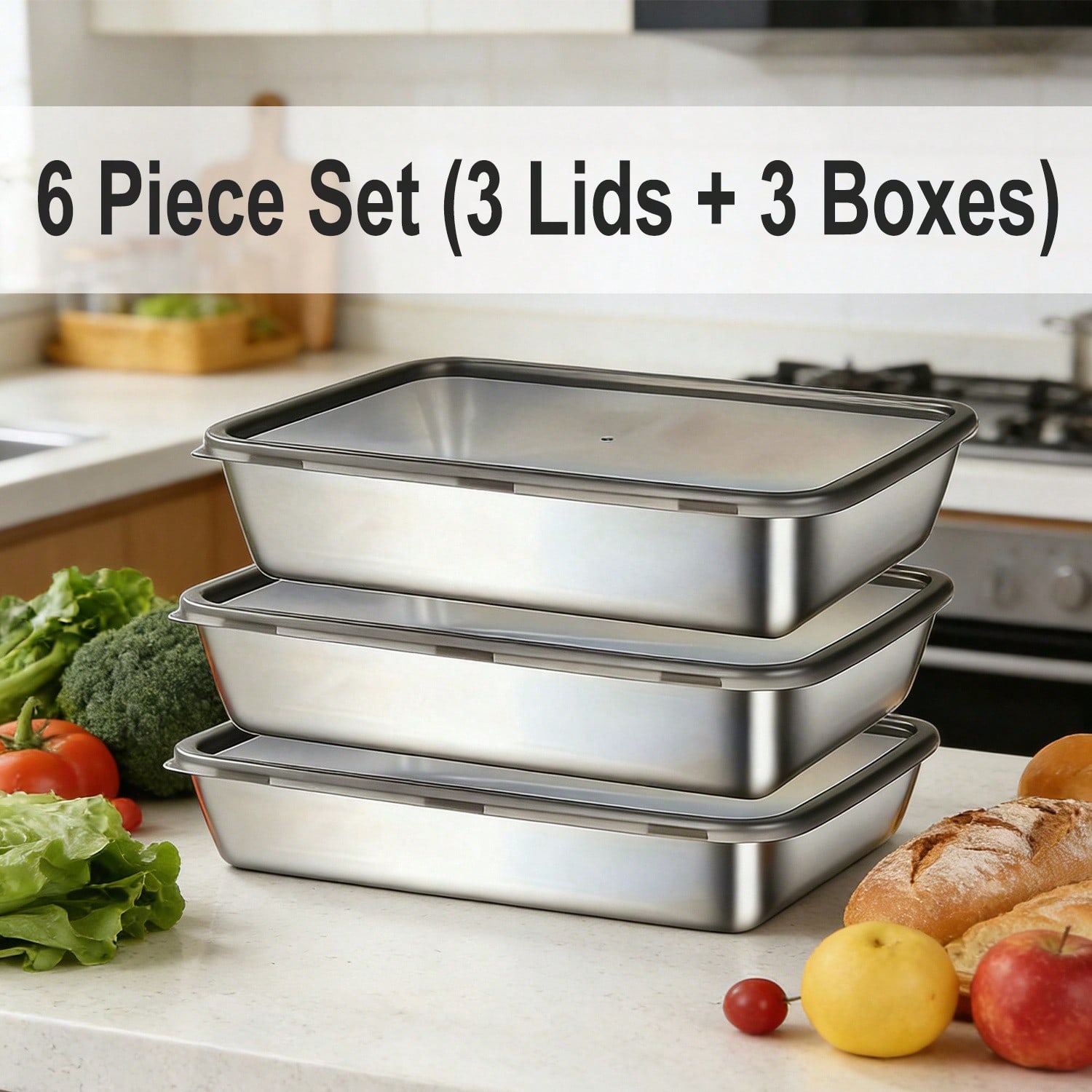 6pcs (3 Kotak + 3 Tutup) Set W - Food Storage Box Stainless Steel ulasan dan harga